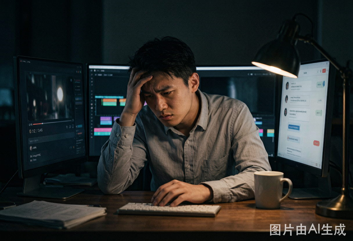 使用前：剪辑师深夜加班，多屏幕前疲惫不堪